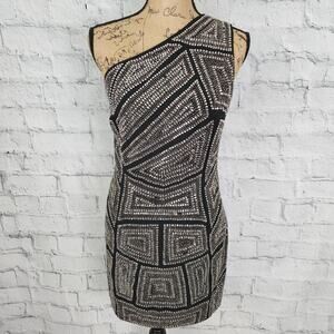 Amen beaded one shoulder dress Sz 46 mini black silver embellished A15C
